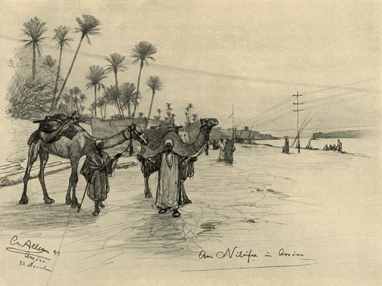 Poganiacze wielbłądów nad brzegiem Nilu w Asuanie, Egipt, 1898. autorstwa Christian Wilhelm Allers