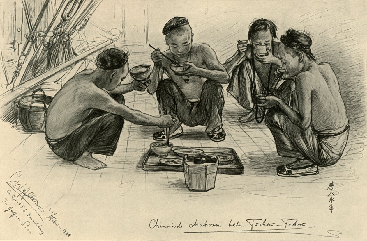 Chińscy członkowie załogi jedzący na pokładzie „Knivsberg”, 1898. autorstwa Christian Wilhelm Allers