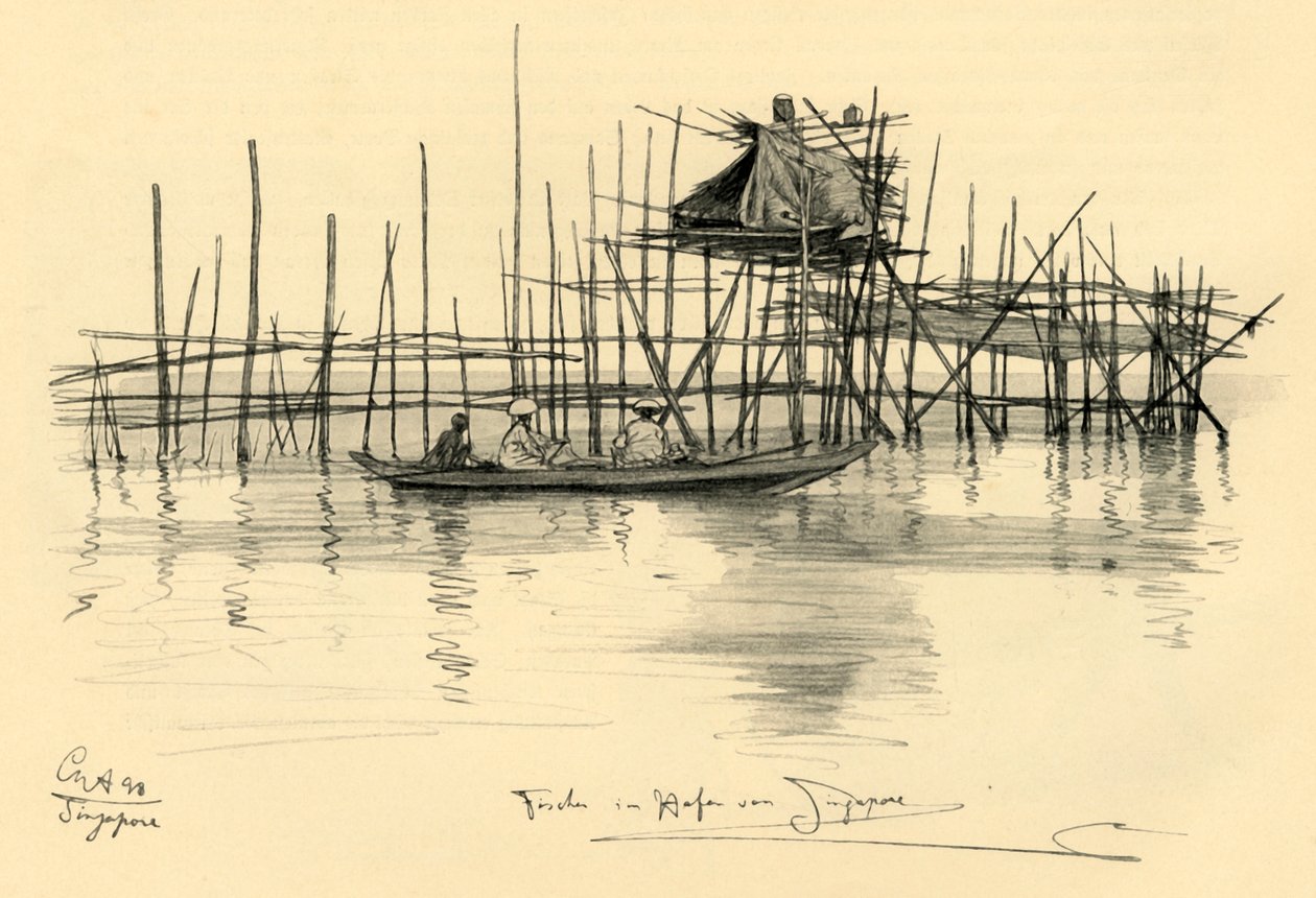Dom na palach i rybacy w porcie w Singapurze, 1898. autorstwa Christian Wilhelm Allers