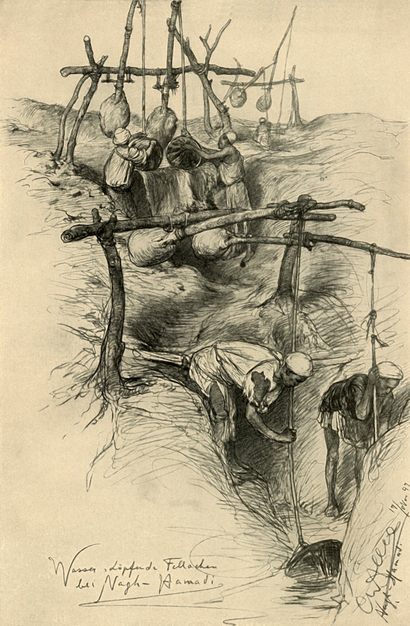 Podnoszenie wody z Nilu za pomocą Shadouf, Nag Hammadi, Egipt, 1898. autorstwa Christian Wilhelm Allers