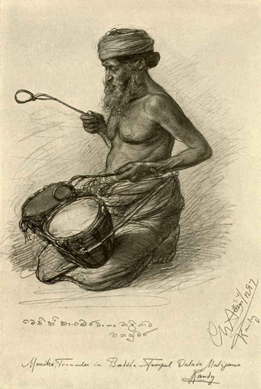 Menika - perkusista w Świątyni Zęba, Kandy, Cejlon, 1898. autorstwa Christian Wilhelm Allers
