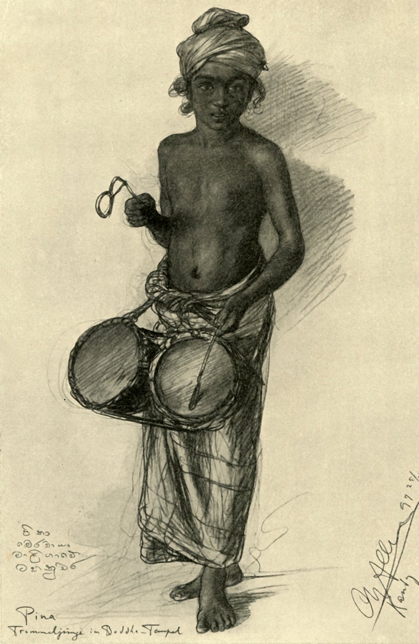 Pina - perkusista w buddyjskiej świątyni, Kandy, Cejlon, 1898. autorstwa Christian Wilhelm Allers