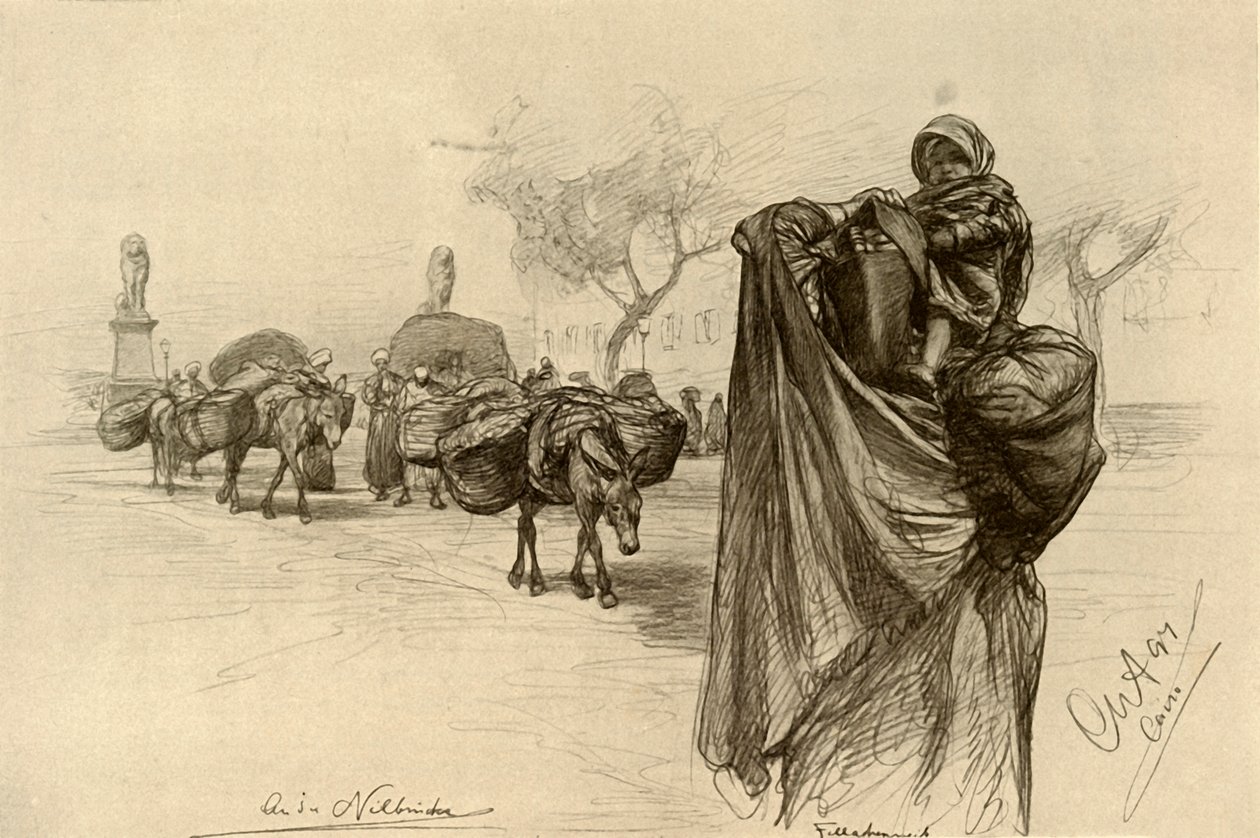Kobieta i dziecko w pobliżu mostu Kobri el Gezira, Kair, 1898 r. autorstwa Christian Wilhelm Allers