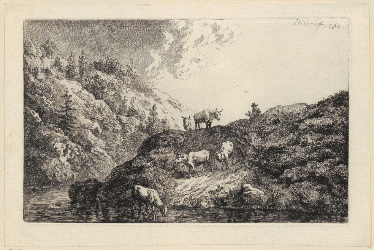 Stado zwierząt nad rzeką [Woły pędzone do wodopoju] autorstwa Christian Wilhelm Ernst Dietrich