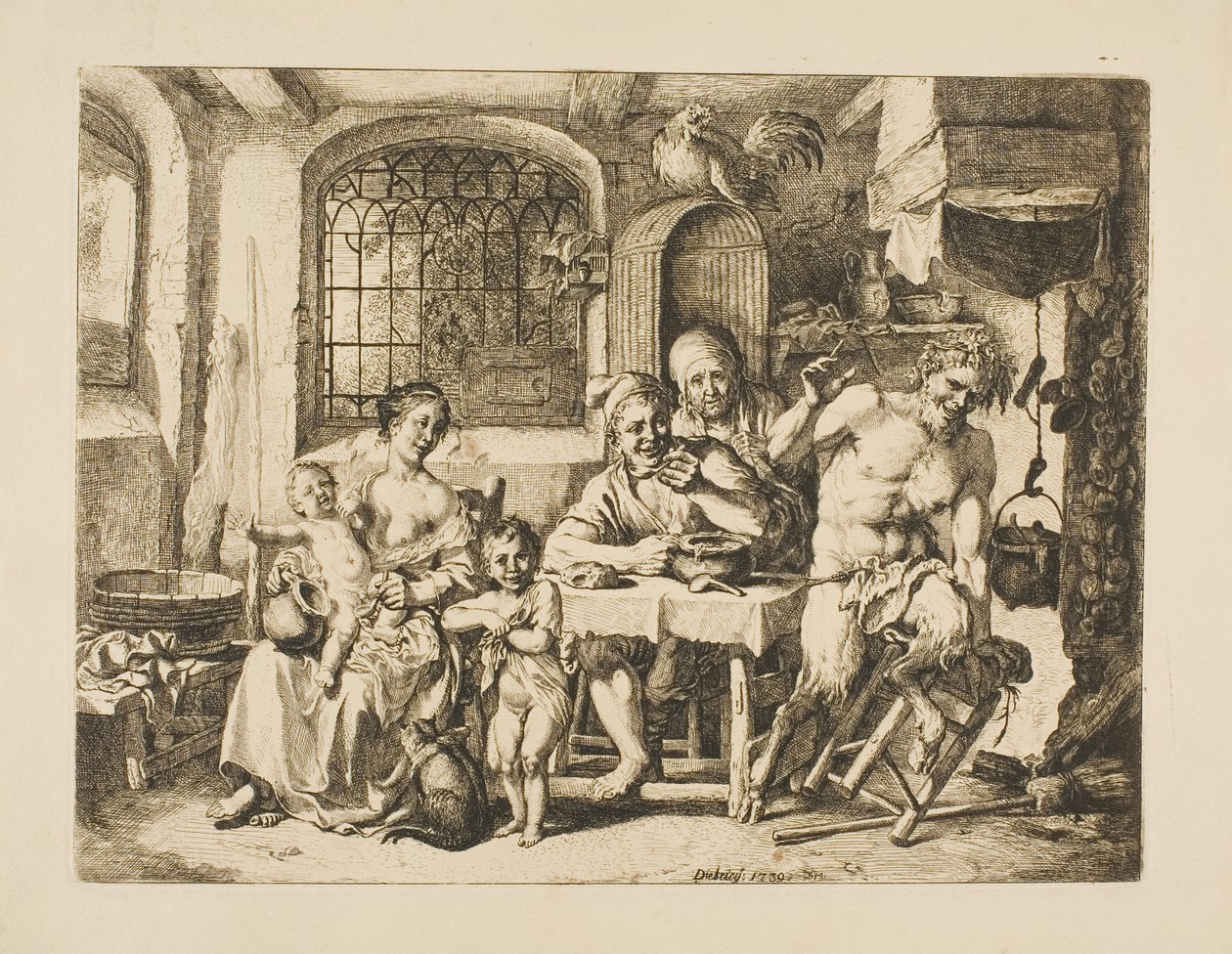 Satyr w chłopskim domu w stylu Jordaensa autorstwa Christian Wilhelm Ernst Dietrich