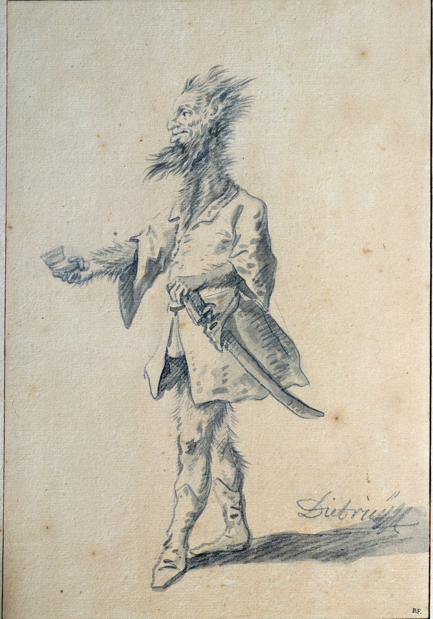 Dziki człowiek Karykatura przedstawiająca potwornego mężczyznę z długą, włochatą szyją i rozdwojonymi uszami. Lavis – Christian Wilhelm Ernst Dietrich (1712-1774) XVIII w. Niedz. 0,3x0,2 m Paryż, muzeum Luwru autorstwa Christian Wilhelm Ernst Dietrich