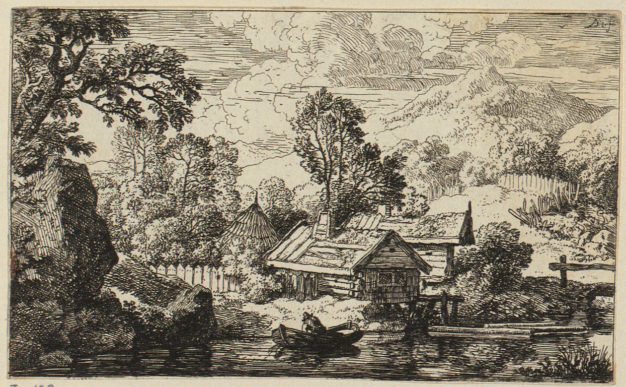 Dwa drewniane domy nad wodą autorstwa Christian Wilhelm Ernst Dietrich