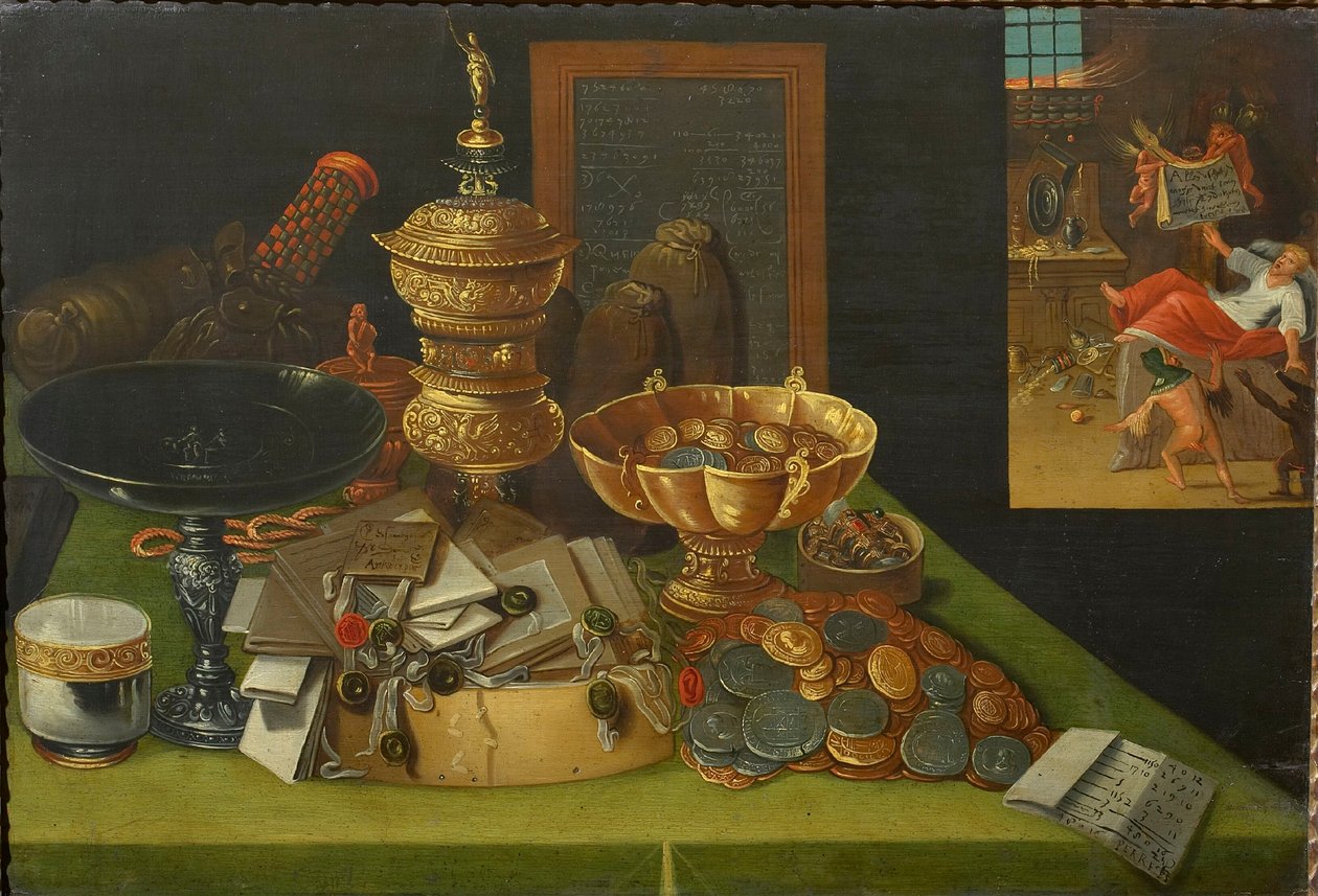 Alegoria światowych bogactw ze sceną śmierci bogacza, ca. 1600. autorstwa Christian van den Perre