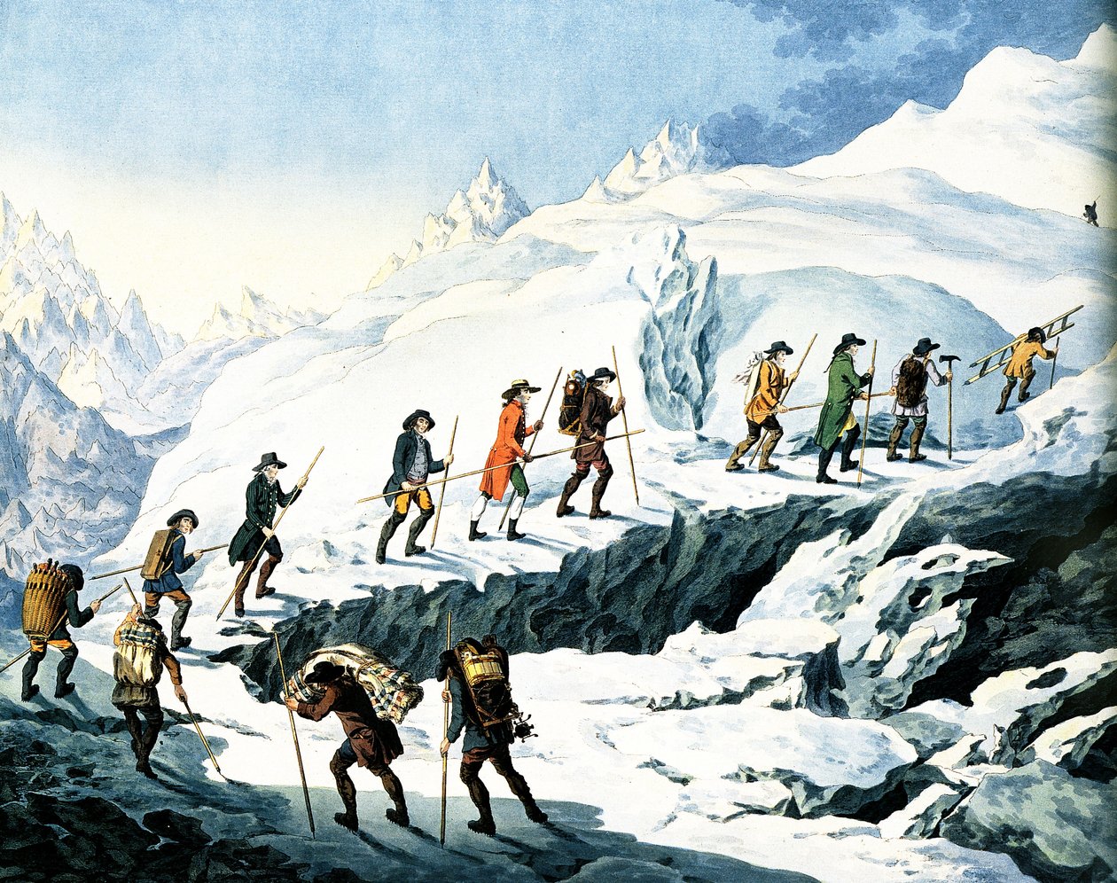 Drugie wejście na Mont Blanc przez Horace-Benedict de Saussure, sierpień 1787, kolorowa rycina autorstwa Marquardta Wochera, publikacja w 1790 autorstwa Christian von Mechel