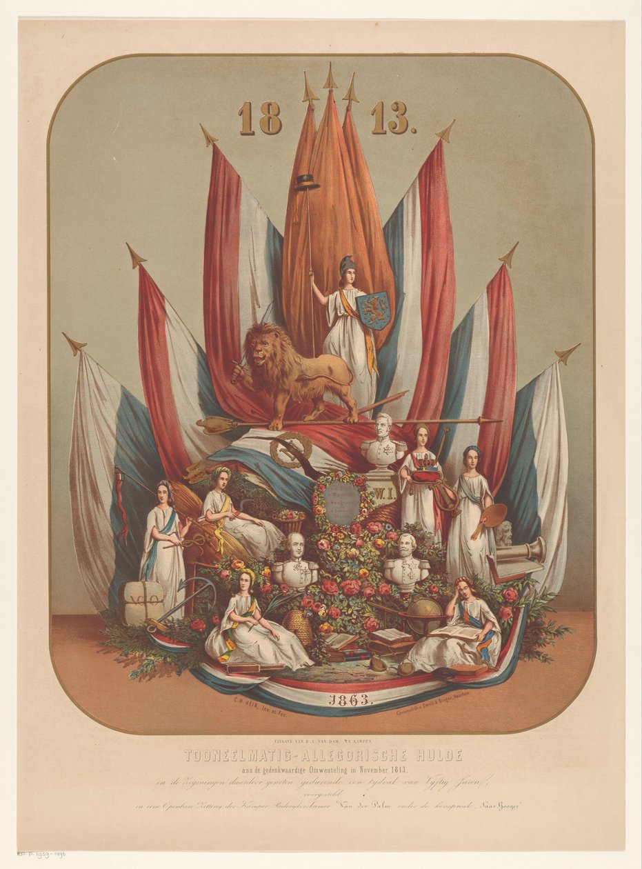 Alegoryczne przedstawienie doniosłej rewolucji w listopadzie 1813 r Teatralno-alegoryczny hołd dla pamiętnej Rewolucji Listopadowej 1813 (...) (tytuł na obiekcie) autorstwa Christianus Hendricus Hein