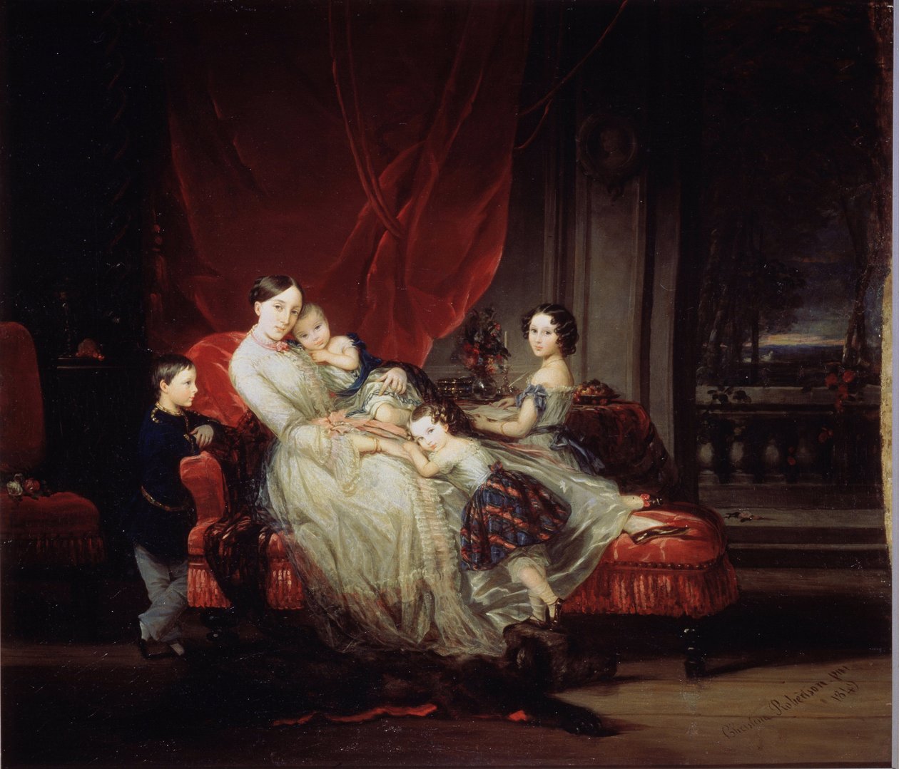 „Portret wielkiej księżnej Marii Nikołajewny Rosji (1819-1876) z czwórką jej dzieci (Marie, Nicolas, Eugenie i Eugene bebe)” Obraz Christiny Robertson (1796-1854) 1849 Państwowe Muzeum Rosyjskie, Sankt Petersburg autorstwa Christina Robertson