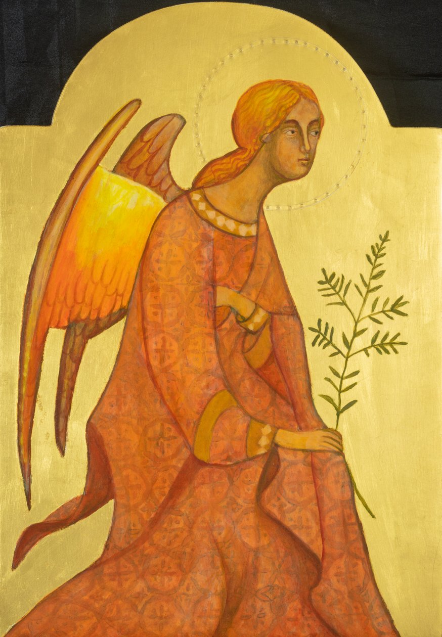 Archanioł Gabriel, 2019 (tempera jajowa, płatki złota, drewno) autorstwa Christine Hales