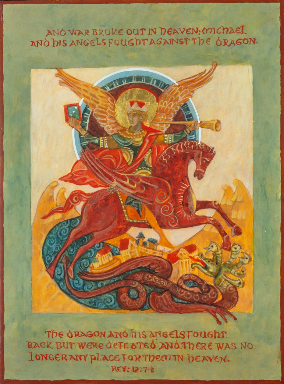 Ikona Archanioła Michała w bitwie, 2023 (tempera jajowa, płatki złota, drewno) autorstwa Christine Hales
