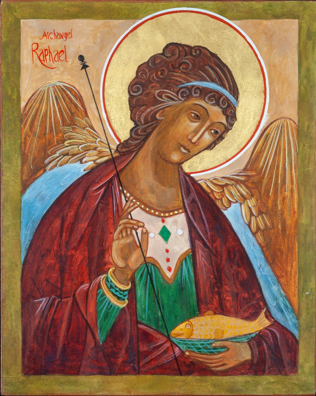Ikona Archanioła Rafała, 2000 (tempera jajowa, drewno, płatki złota) autorstwa Christine Hales