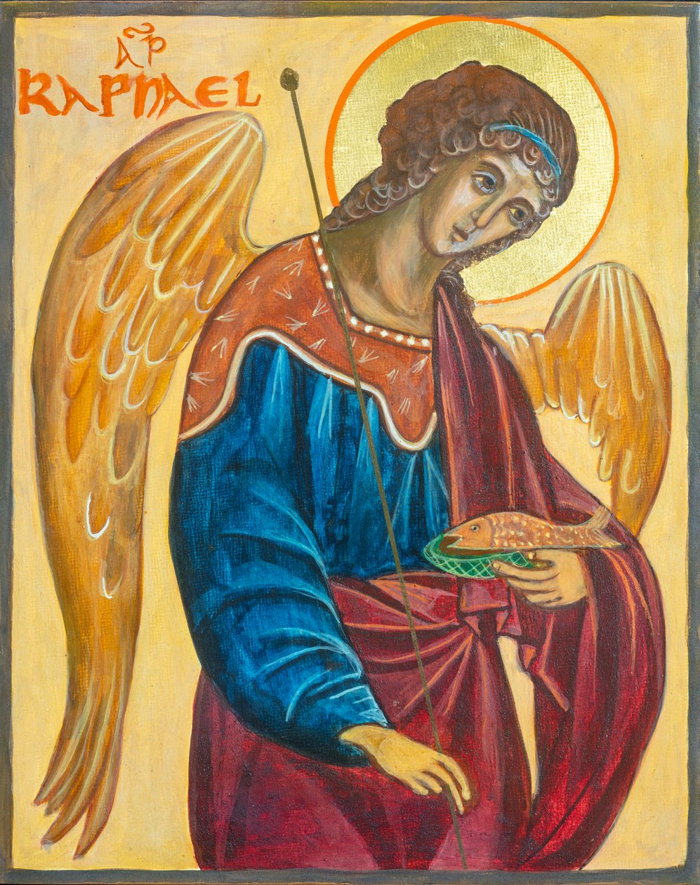 Ikona Archanioła Rafaela, 2019 (tempera jajowa, płatki złota, drewno) autorstwa Christine Hales