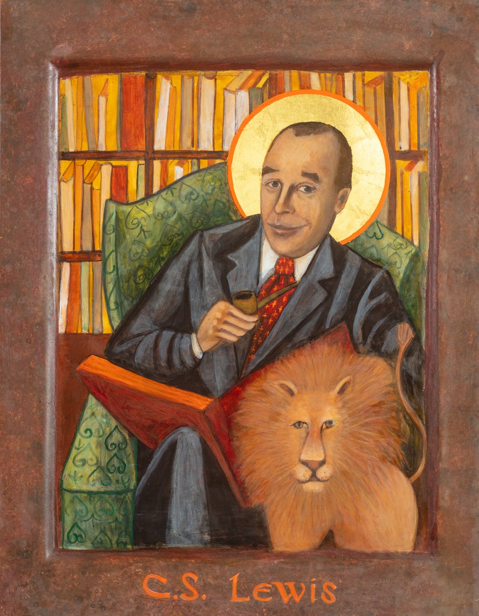 C. Ikona C.S. Lewisa, 2021 (tempera jajowa, płatki złota, drewno) autorstwa Christine Hales