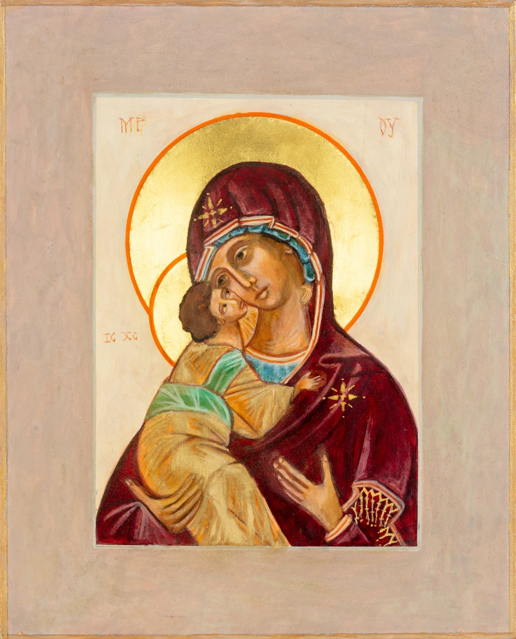 Ikona Madonny z Dzieciątkiem, 2012 (tempera jajowa na drewnie, płatki złota) autorstwa Christine Hales