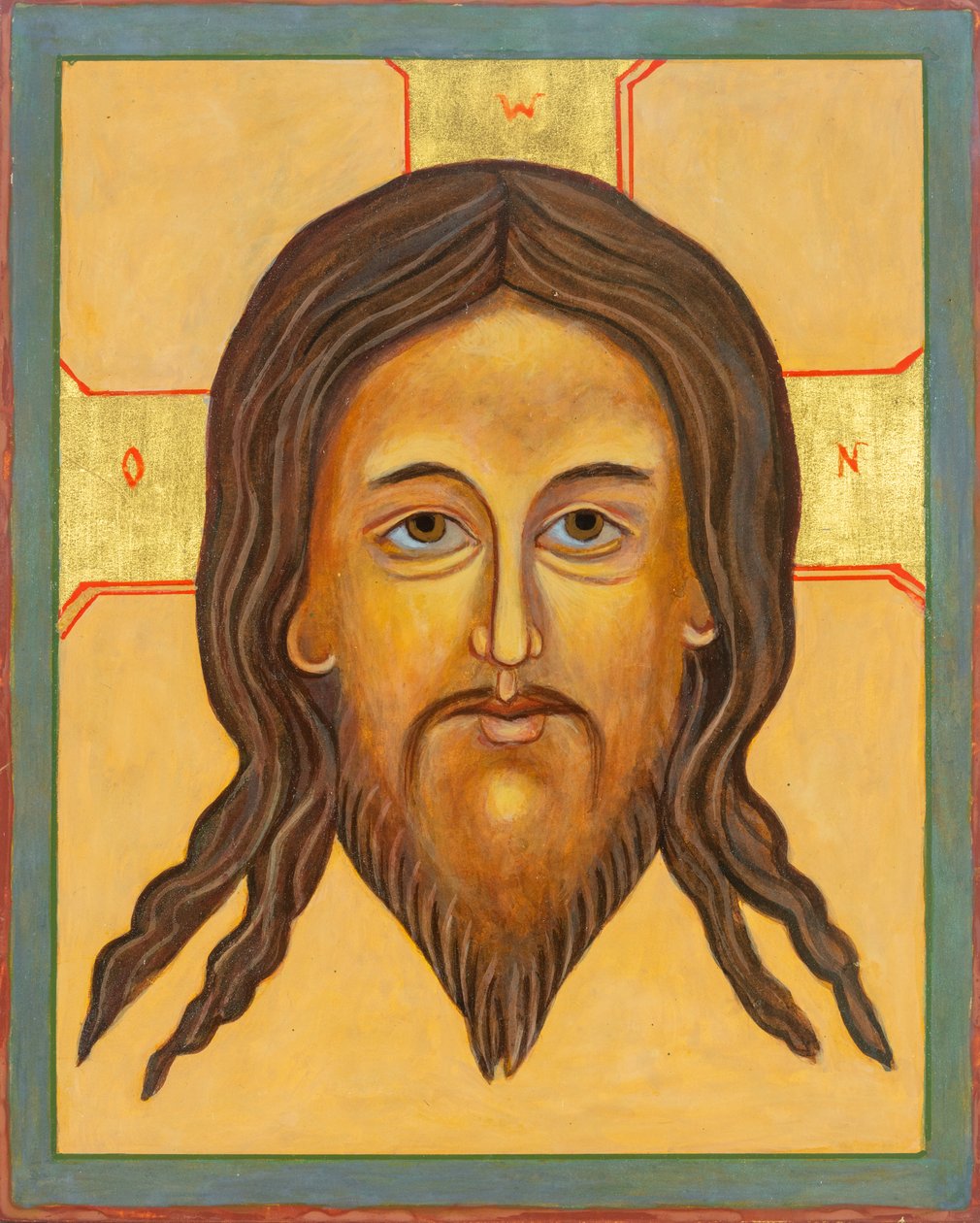 Ikona Mandylionu, 2010 (tempera jajowa, płatki złota, drewno) autorstwa Christine Hales