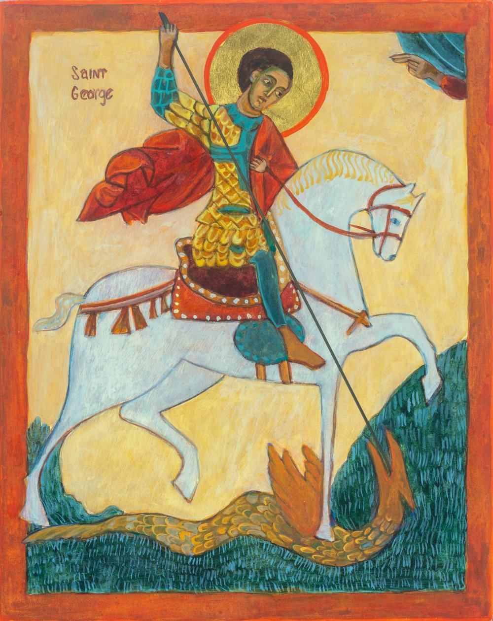 Święty Jerzy i smok, 2012 (tempera jajowa, płatki złota, drewno) autorstwa Christine Hales