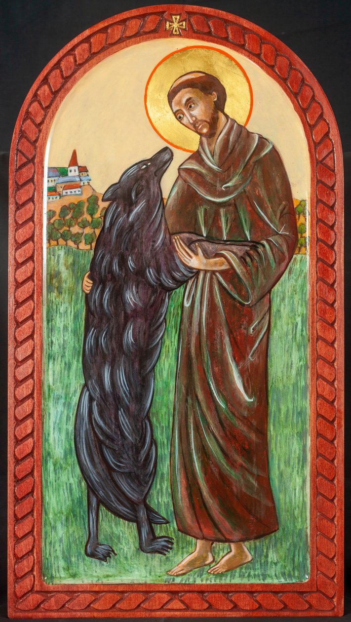 Franciszek i wilk, 2004 (tempera jajowa, drewno, płatki złota) autorstwa Christine Hales