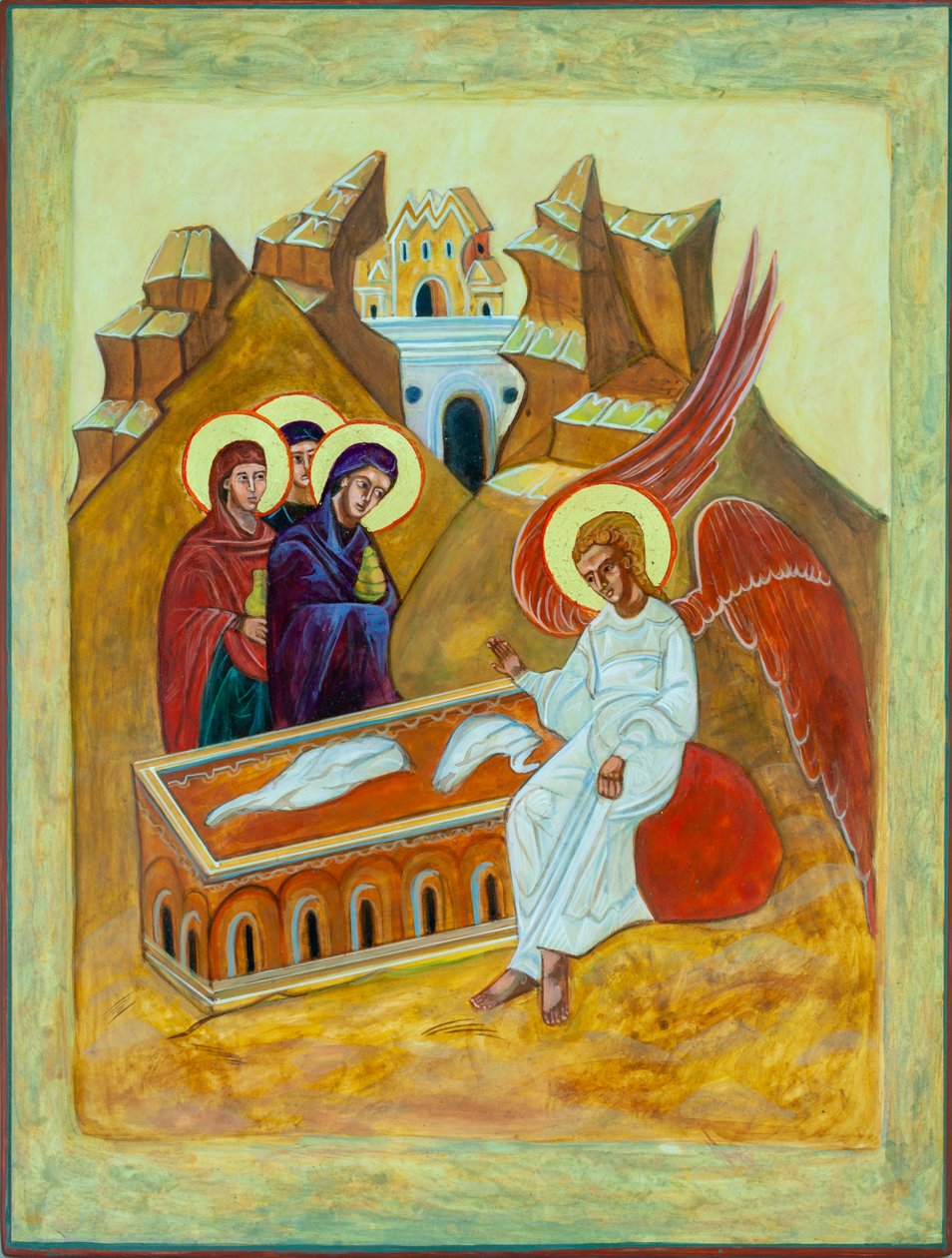 Kobiety przy grobie, 2008 (tempera jajowa na drewnie, płatki złota) autorstwa Christine Hales