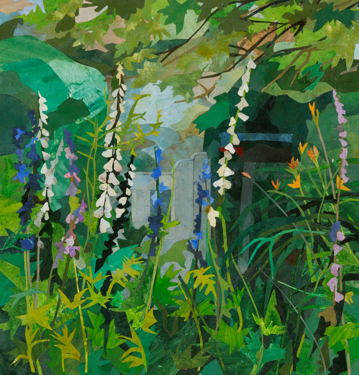 Cornerways Foxgloves, 2025 (kolaż na papierze malowany akwarelą) autorstwa Christine McKechnie
