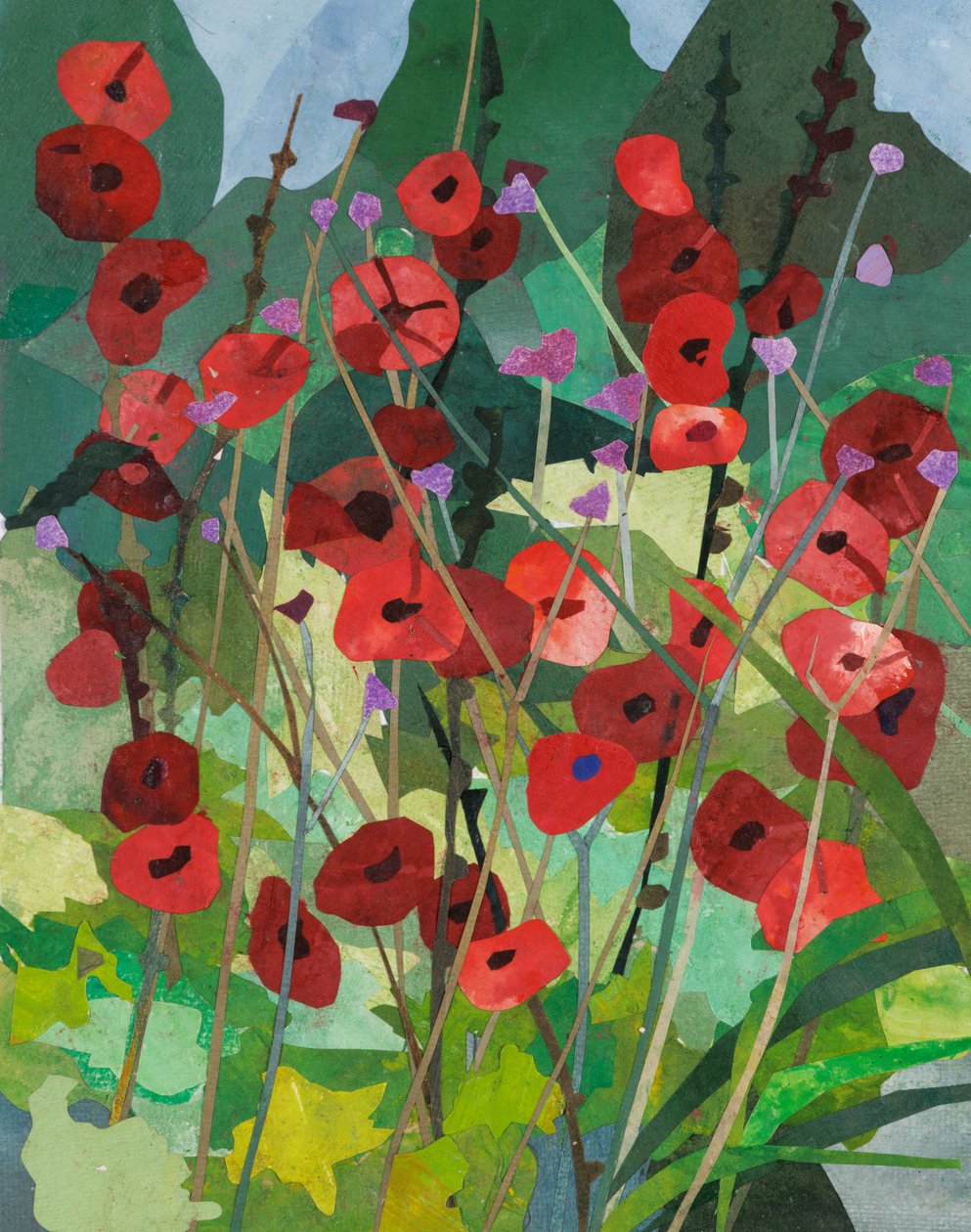 Cornerways Hollyhocks, 2025 (papierowy kolaż malowany akwarelą) autorstwa Christine McKechnie