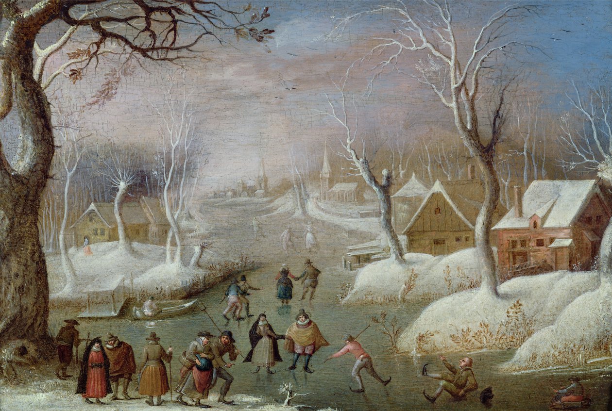 Pejzaż zimowy z łyżwiarzami, XVII wiek autorstwa Christoffel van den circle of Berghe