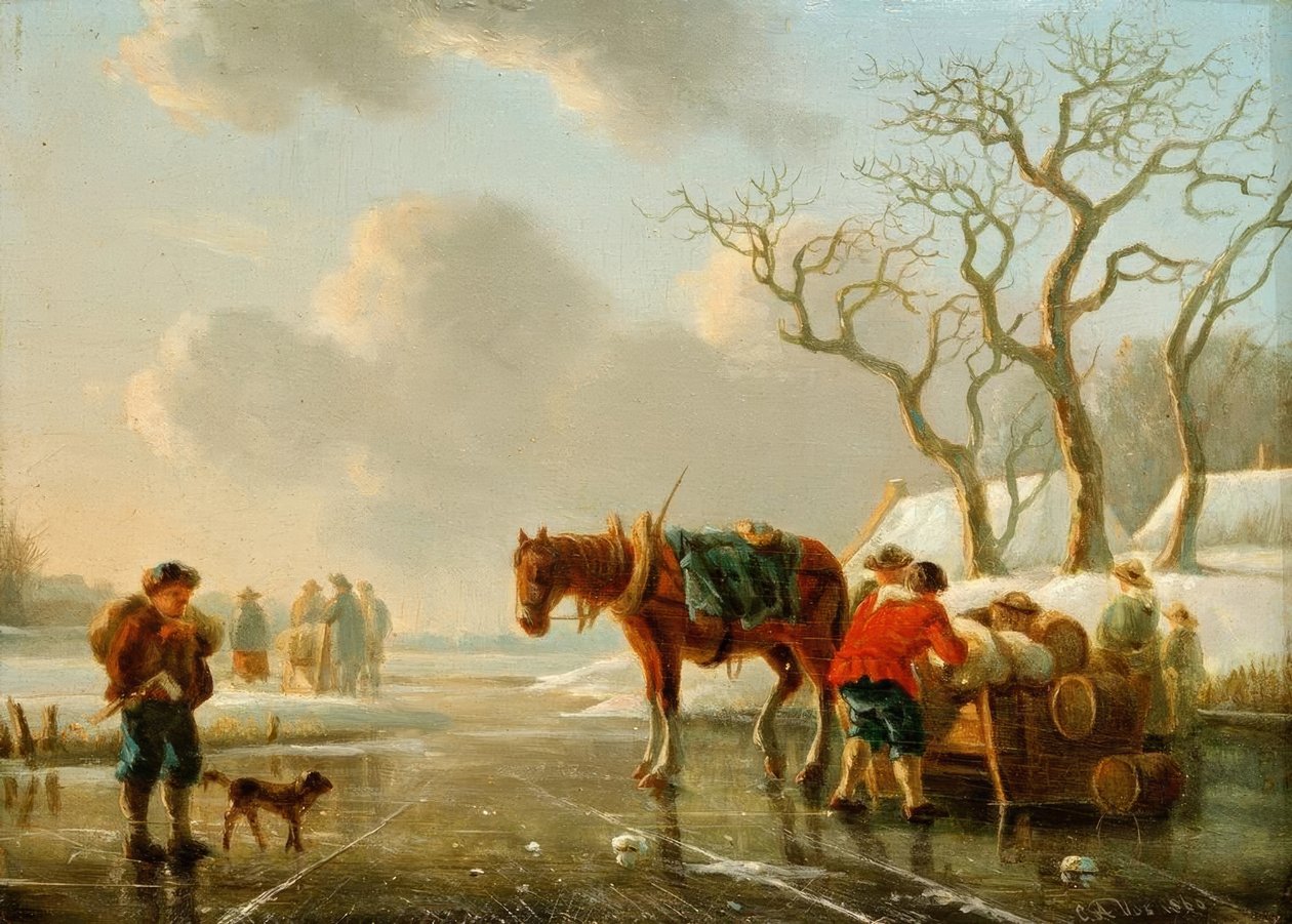 Zimowy wieczór na lodowatej rzece autorstwa Christoffel Albertus Vos