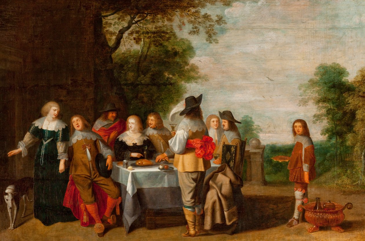 Towarzystwo przy stole w parku (olej na płótnie) autorstwa Christoffel Jacobsz Laemen van der