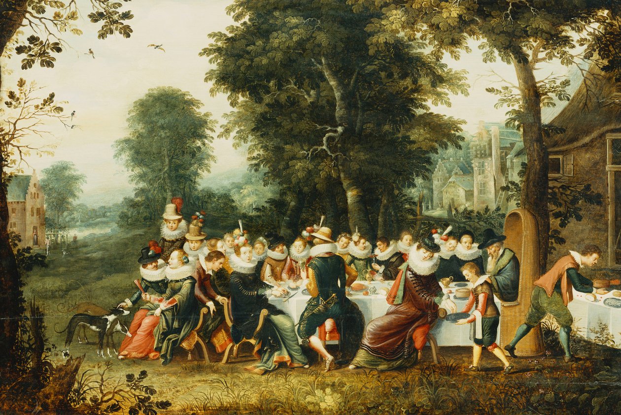 Eleganckie postacie siedzące przy stole bankietowym na zalesionej polanie, autorstwa Christoffel Jacobsz van der Lamen
