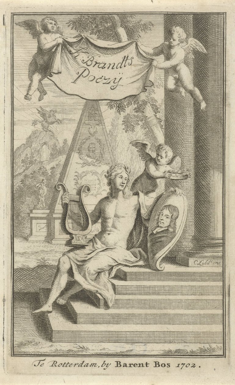 Apollo z portretem Caspara Brandta Strona tytułowa dla: K. Brandt, Poëzy, 1705 autorstwa Christoffel Lubienitzki