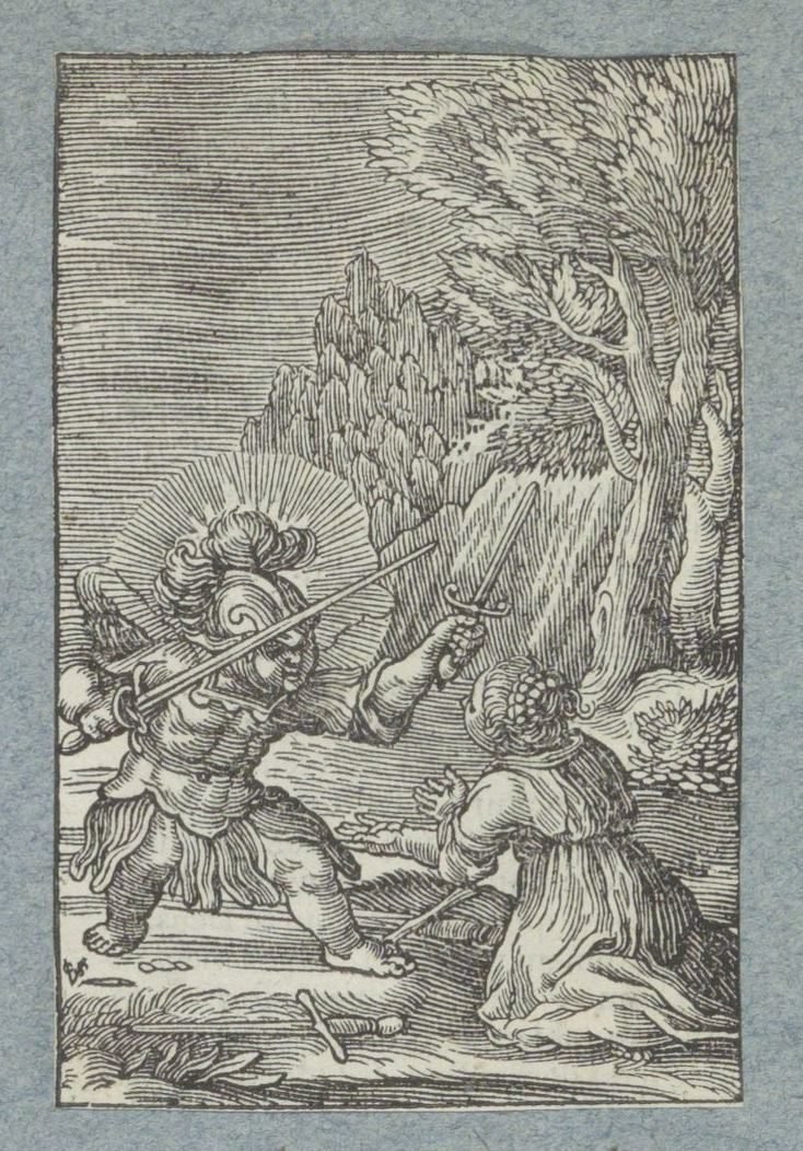 Dziecko poddaje się aniołowi przebranemu za rycerza Pia Desideria (tytuł serii) autorstwa Christoffel van Sichem (II)