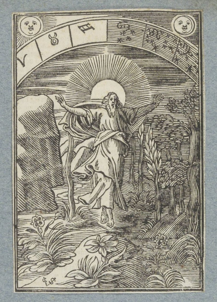 Czwarty dzień stworzenia: stworzenie słońca, księżyca i gwiazd autorstwa Christoffel van Sichem (II)