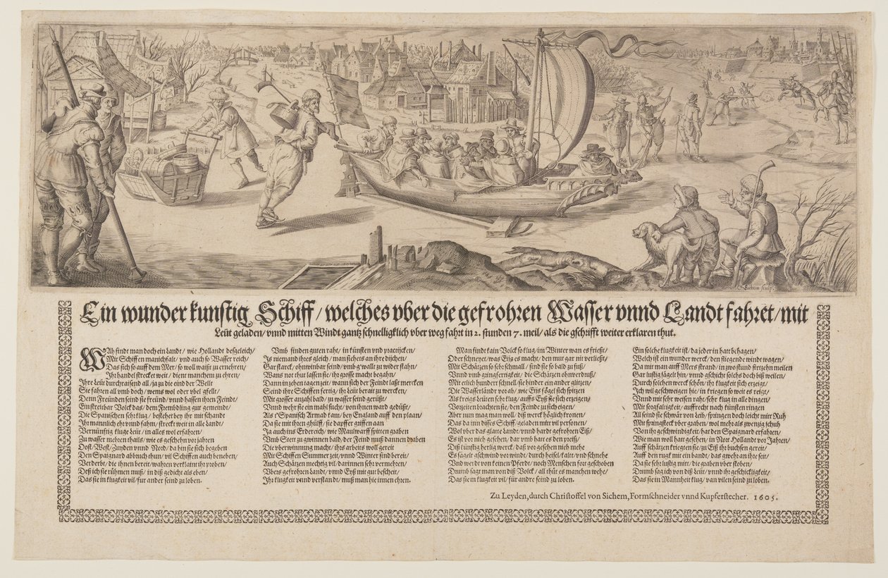 Broadside z barką płynącą po lodzie autorstwa Christoffel van Sichem I