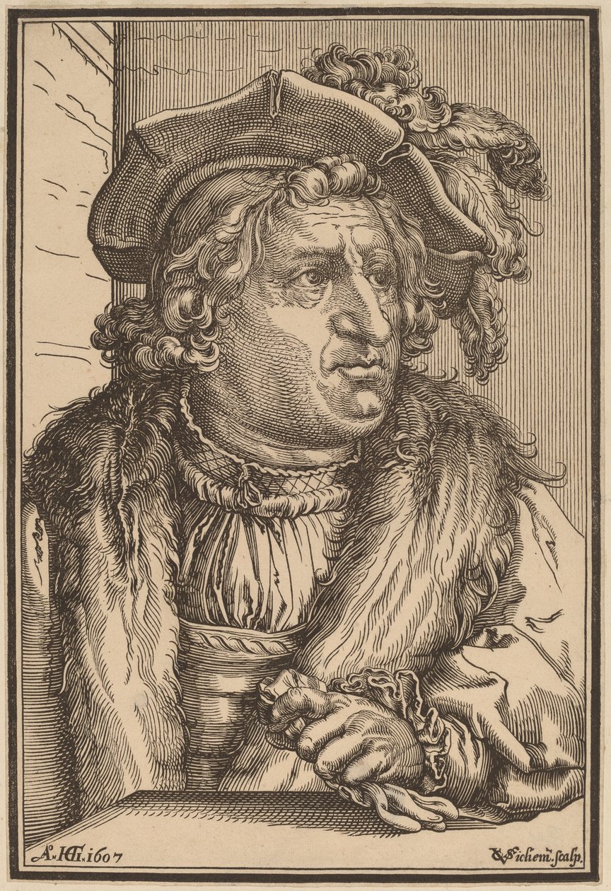 Mężczyzna w czapce z piórkiem autorstwa Christoffel van Sichem I after Hendrik Goltzius