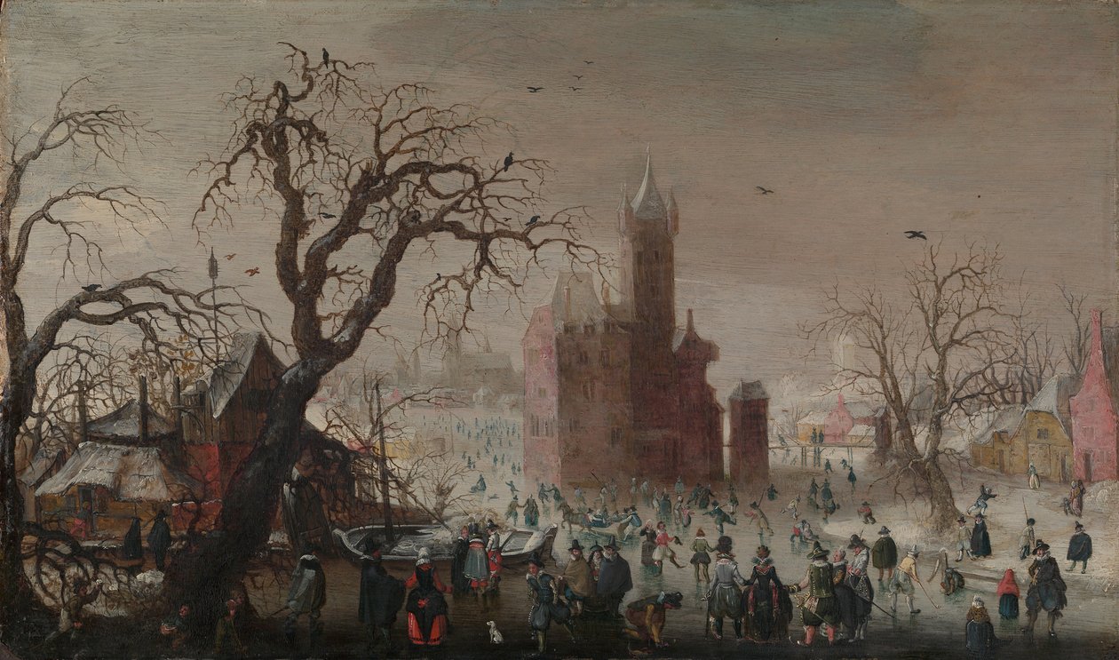 Pejzaż zimowy z łyżwiarzami i wyimaginowanym zamkiem, ca. 1615-20. autorstwa Christoffel van den Berghe