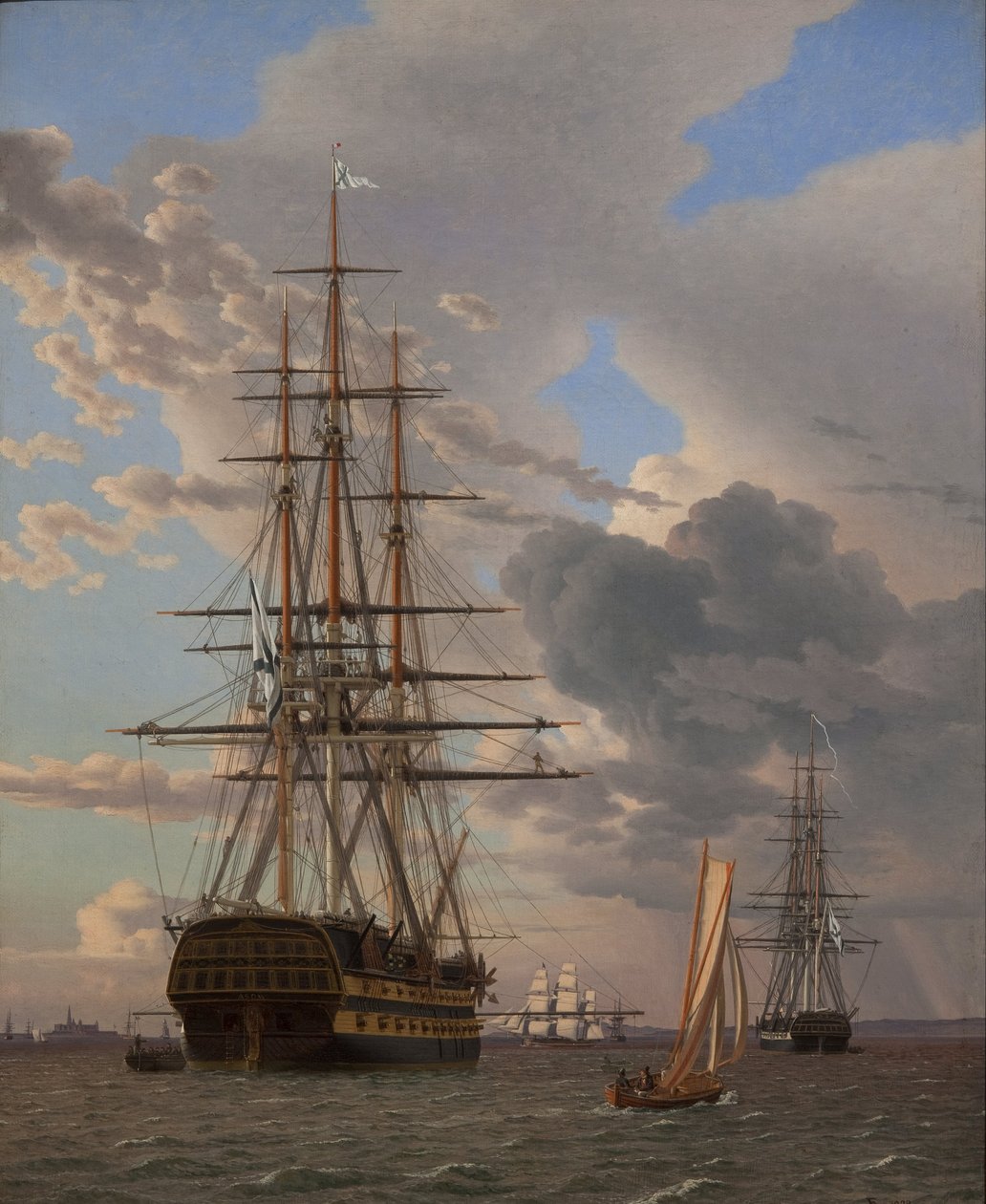 Rosyjski statek liniowy Asow i fregata na kotwicy na drogach Elsinore autorstwa Christoffer Wilhelm Eckersberg