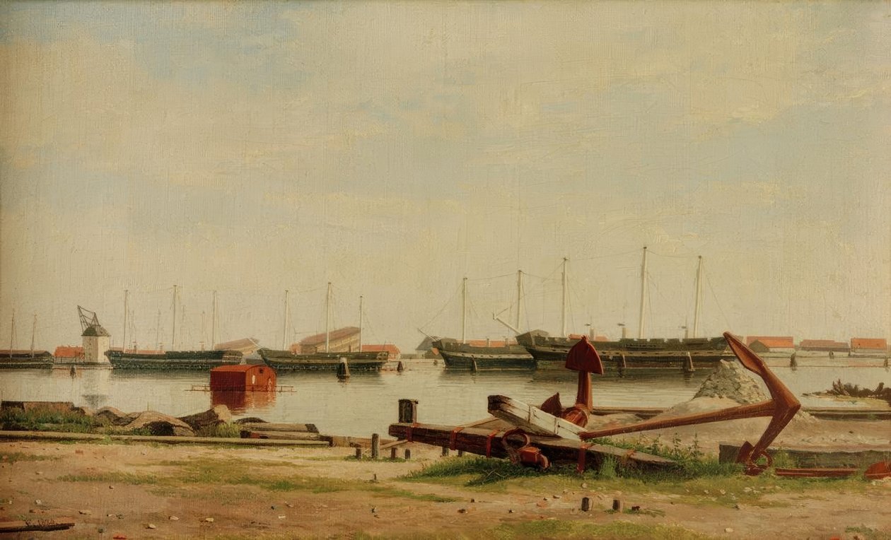 Widok na Nyholm z dźwigiem i okrętami wojennymi autorstwa Christoffer Wilhelm Eckersberg