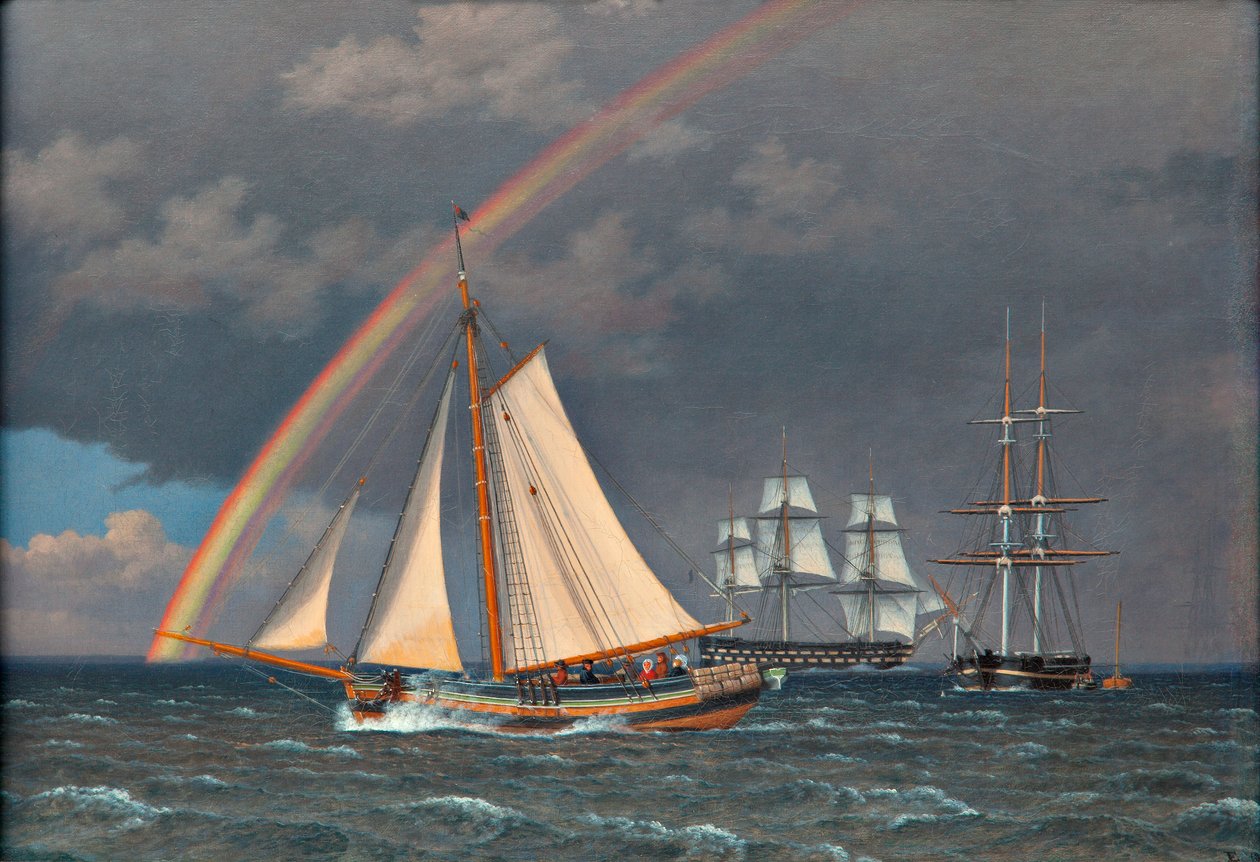 Duński: Rainbow na morzu z niektórymi statkami wycieczkowymi Rainbow na morzu z niektórymi statkami wycieczkowymi autorstwa Christoffer Wilhelm Eckersberg
