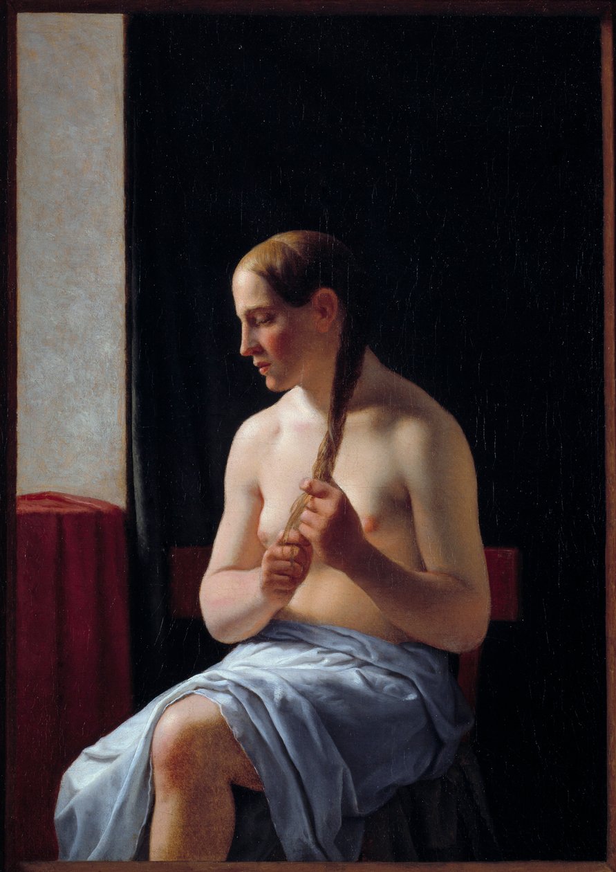 Siedzący model nago. Portret kobiety splatającej włosy (warkocz). Obraz Christoffera Wilhelma Eckersberga (1783-1853) autorstwa Christoffer Wilhelm Eckersberg