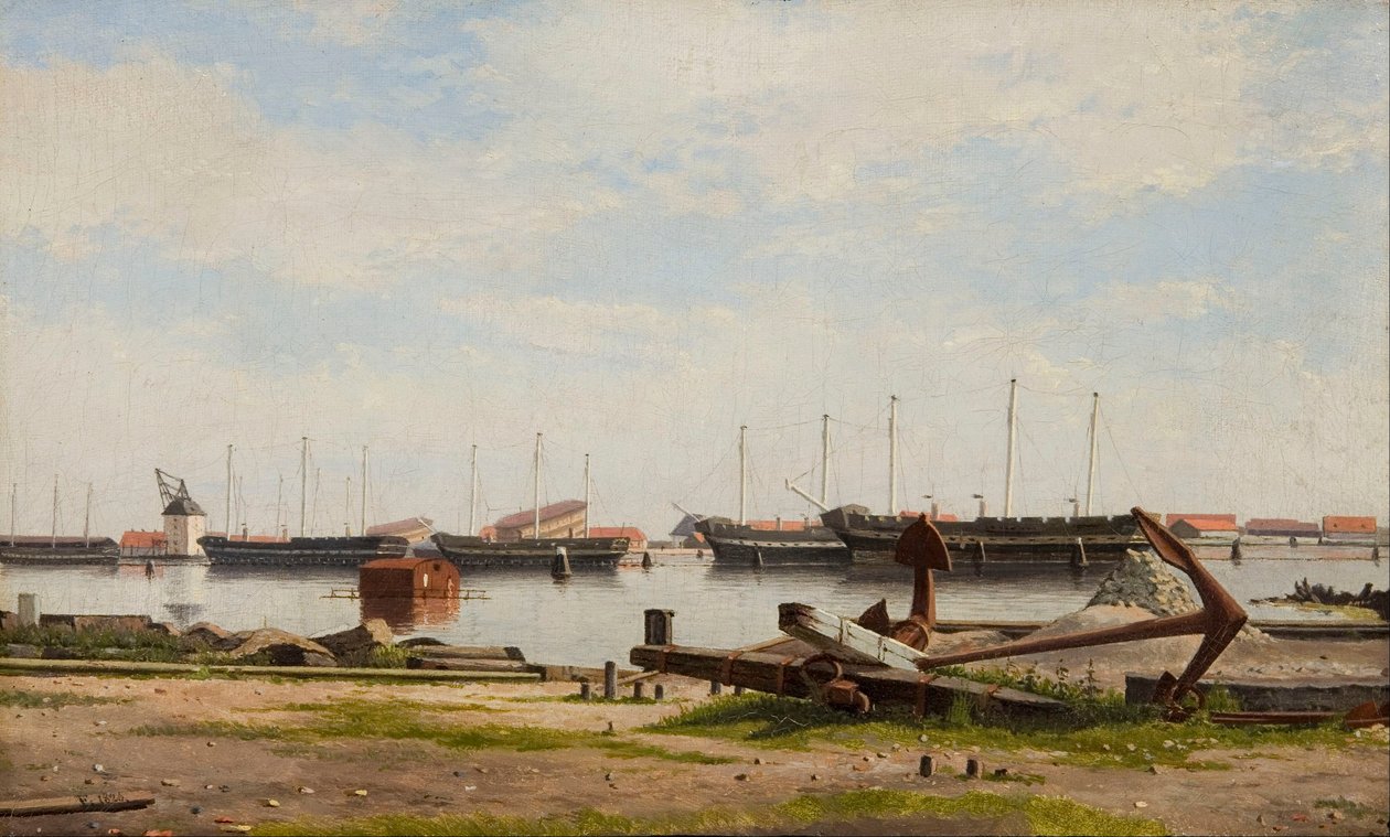 Partia Nyholm z dźwigiem i kilkoma okrętami wojennymi autorstwa Christoffer Wilhelm Eckersberg