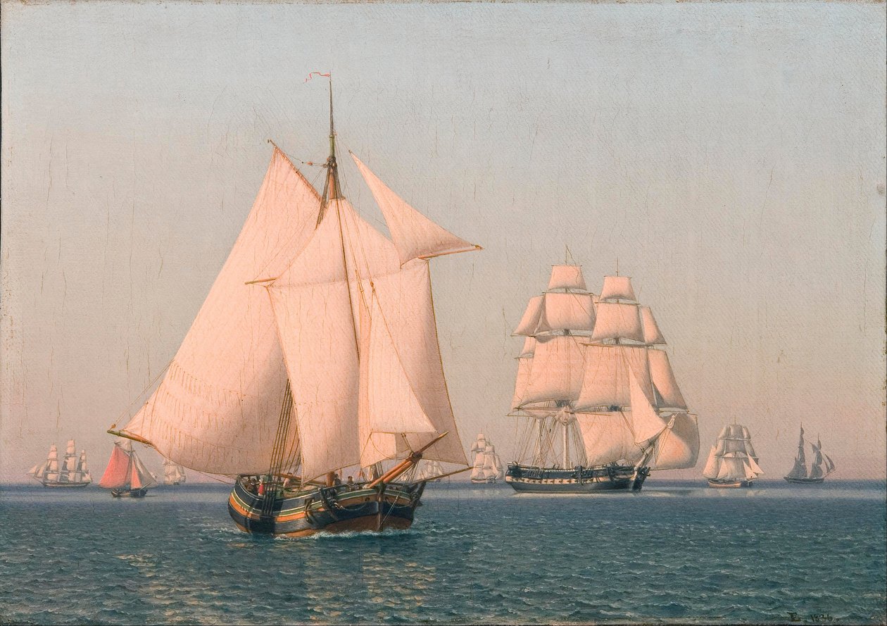 Statki pod żaglami przy łagodnej bryzie w pogodne letnie popołudnie autorstwa Christoffer Wilhelm Eckersberg