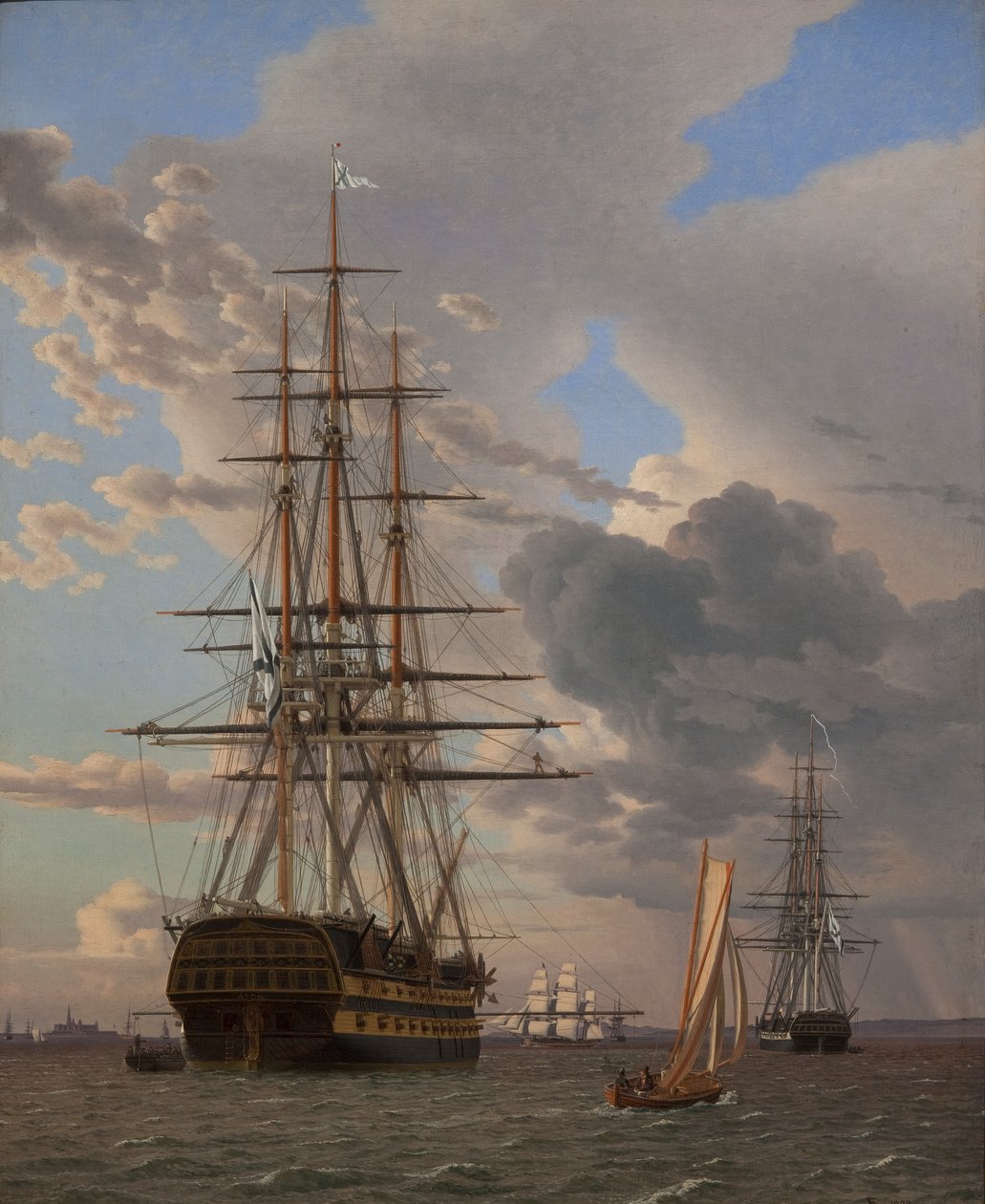 Rosyjski statek liniowy „Asow” i fregata na kotwicy na drogach Elsinore autorstwa Christoffer Wilhelm Eckersberg