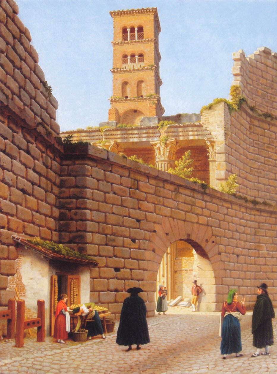 Mur wokół Forum Augusta ze świątynią Marsa Ultora i kampanilą kościoła San Basilio w Rzymie. autorstwa Christoffer Wilhelm Eckersberg