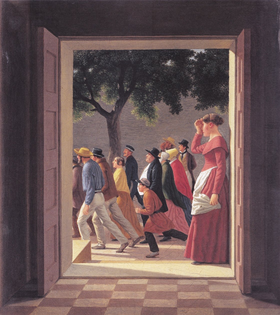 Widok przez drzwi na biegnące postacie. autorstwa Christoffer Wilhelm Eckersberg
