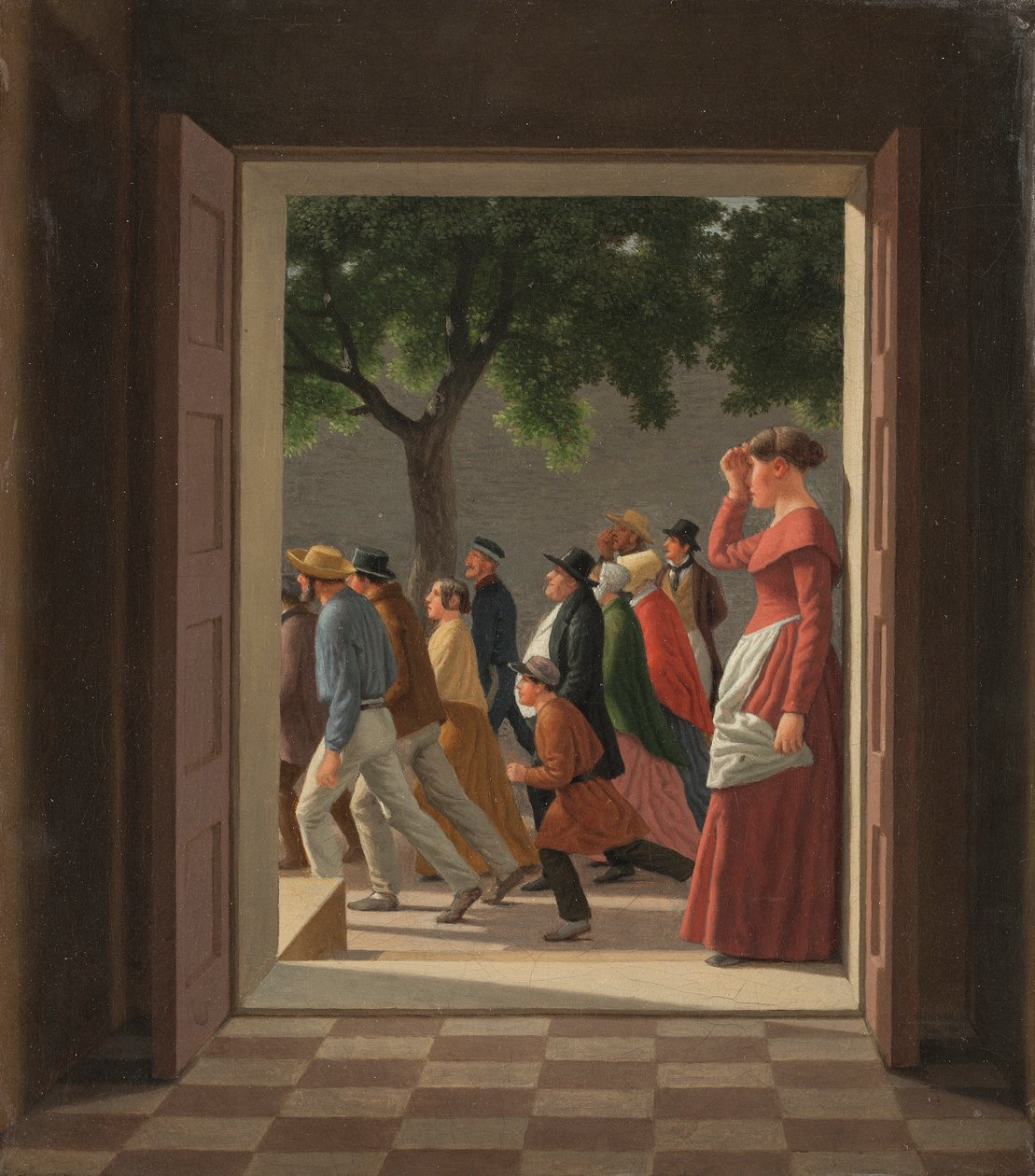 Widok przez drzwi do biegnących postaci autorstwa Christoffer Wilhelm Eckersberg