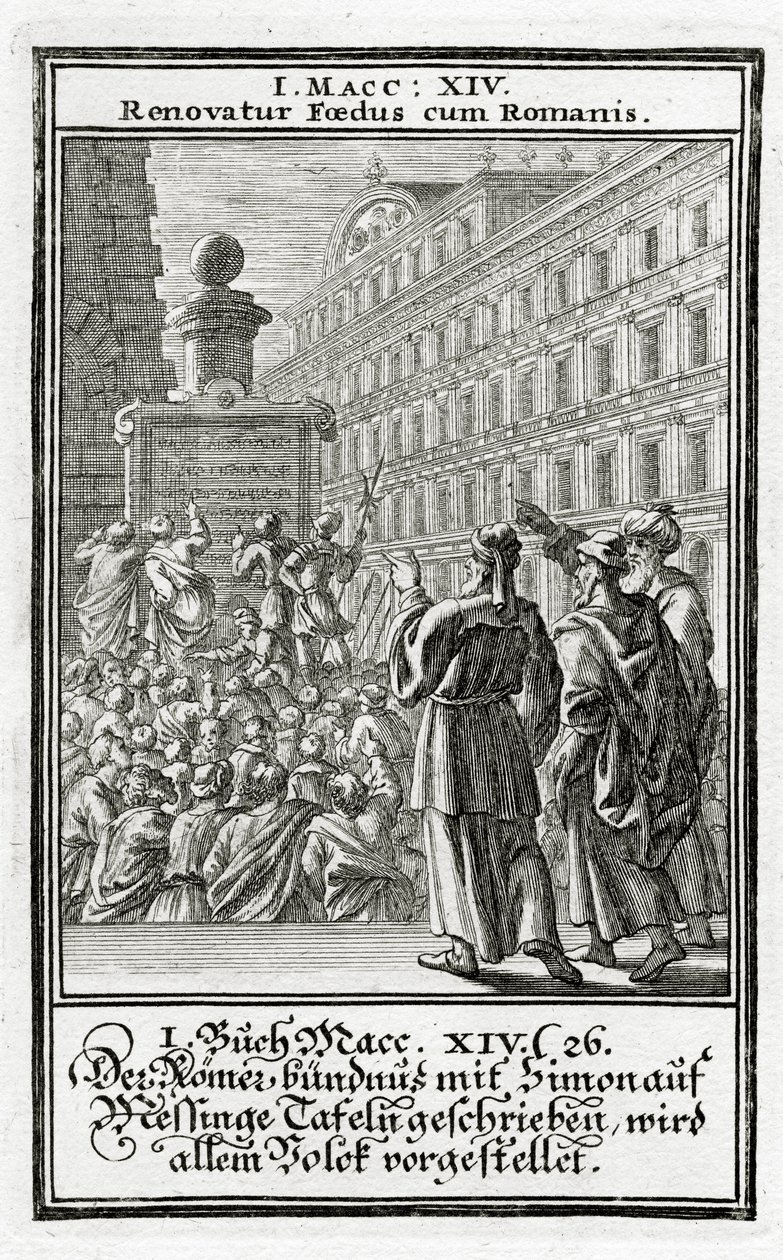 Przymierze rzymskie z Szymonem, wypisane na mosiężnych tablicach, przedstawia się ludowi, 1 Księga Machabejska 14:26, 1695 autorstwa Christoph Weigel