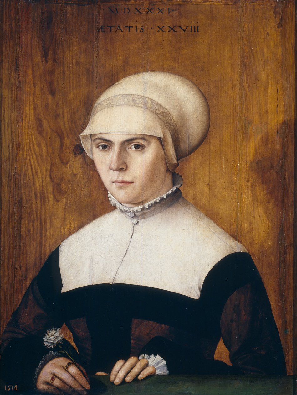 Portret przerwy, 28 lat, Joerg Zuber, orfevre d’Augsbourg - żona Joerga Zoerera, w wieku 28 lat, Amberger, Christoph (ok. 1505-1562) autorstwa Christoph Amberger