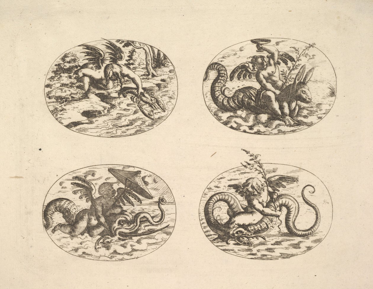 Putti z potworami morskimi, talerze z Neue Grotessken Buch, 1610. autorstwa Christoph Jamnitzer